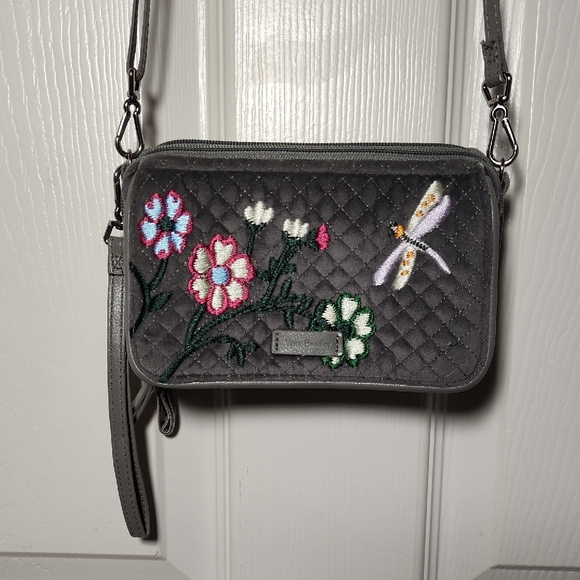 Vera Bradley Handbags - Vera Bradley RFID Crossbody Wallet Wolf Gray embroidered Flowers Dragonfly